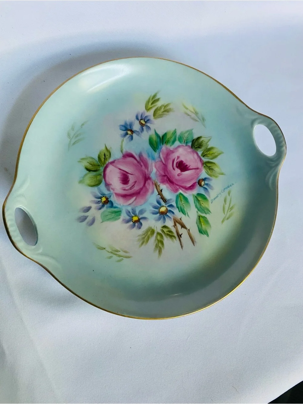 Antique Hand-Painted Porcelain cabinet plate Floral with Gold Trim Signed